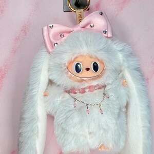 Custom Handmade Labubu White Plush Keychain with Crystal Bow & Accessories